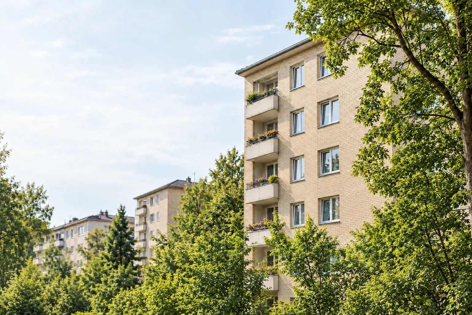 Wohnhäuser an einer begrünten Straße; KI-generierte Illustration