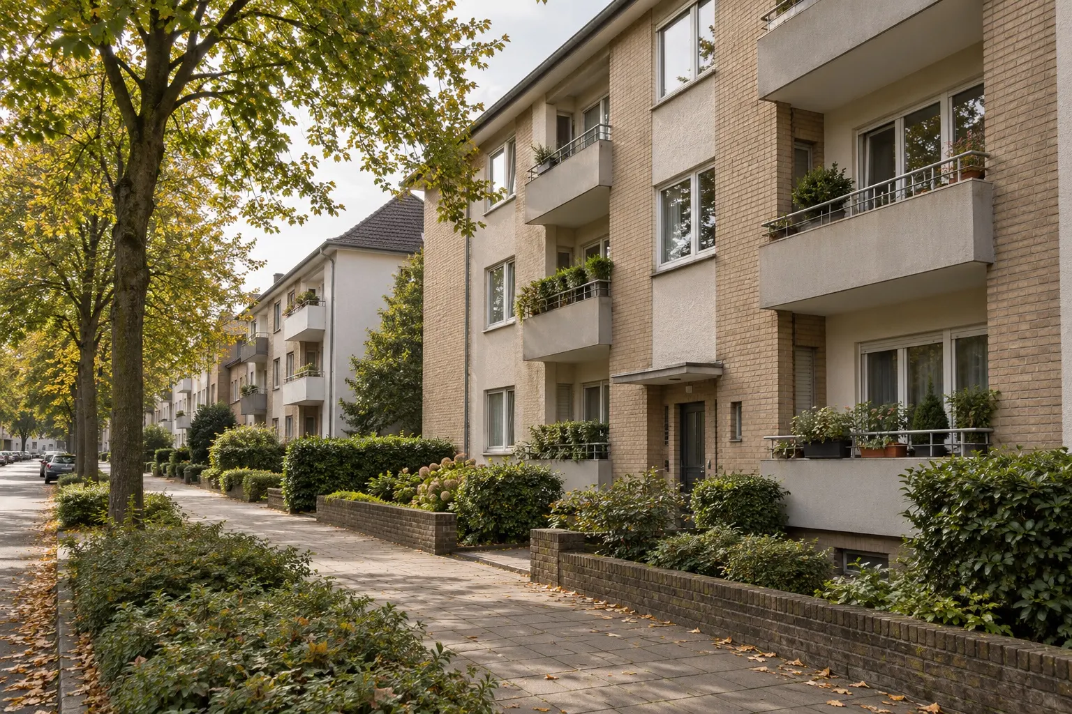 Wohnstraße mit Mehrfamilienhäusern; KI-generierte Illustration