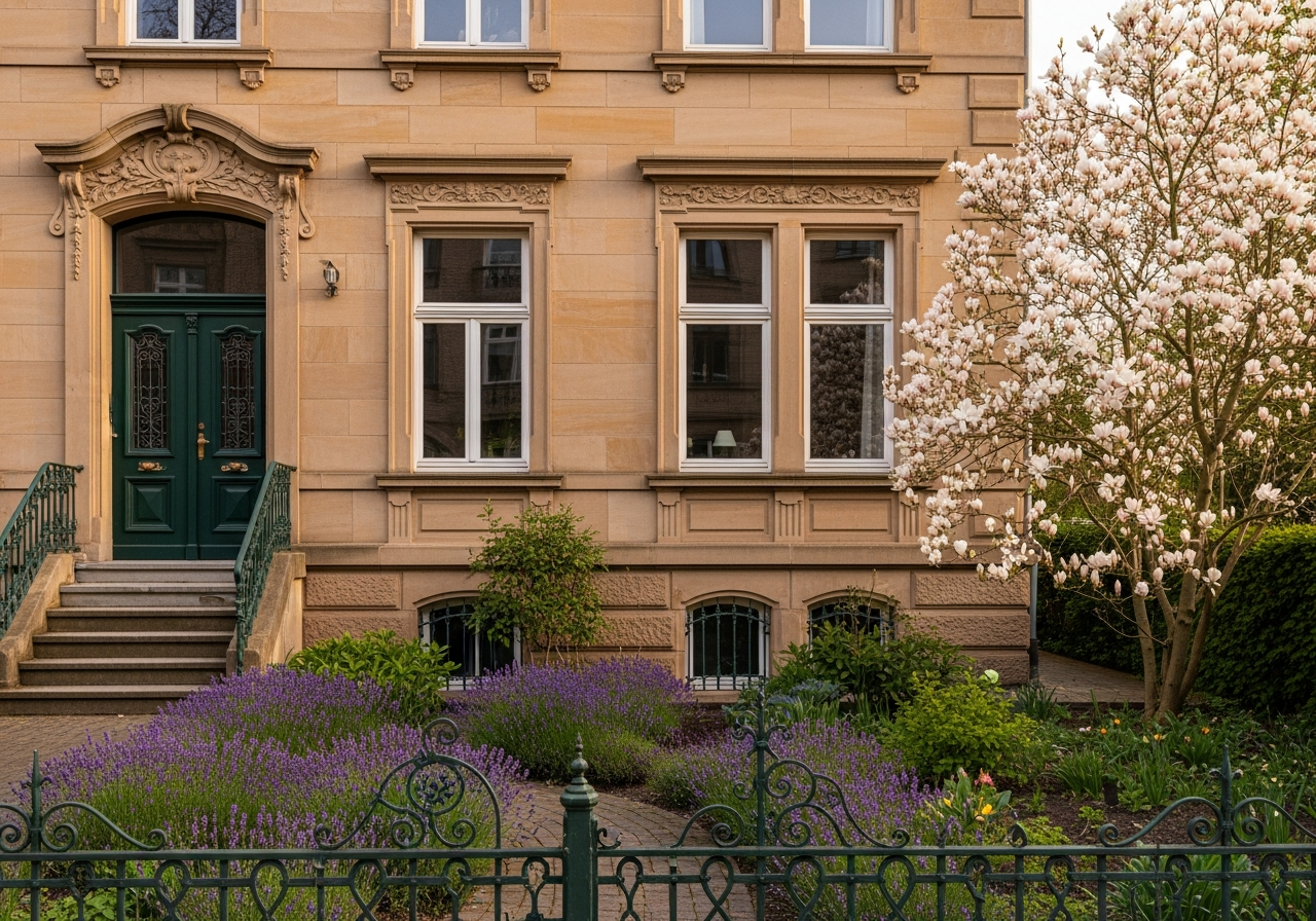Renoviertes Jugendstil-Stadthaus mit grüner Tür und Lavendel-Vorgarten
