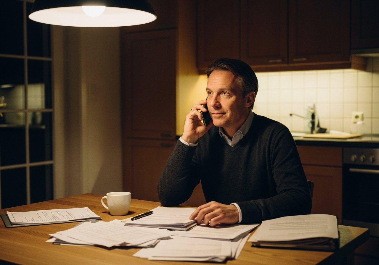 Mann am Küchentisch telefoniert erleichtert – der Moment der Wende