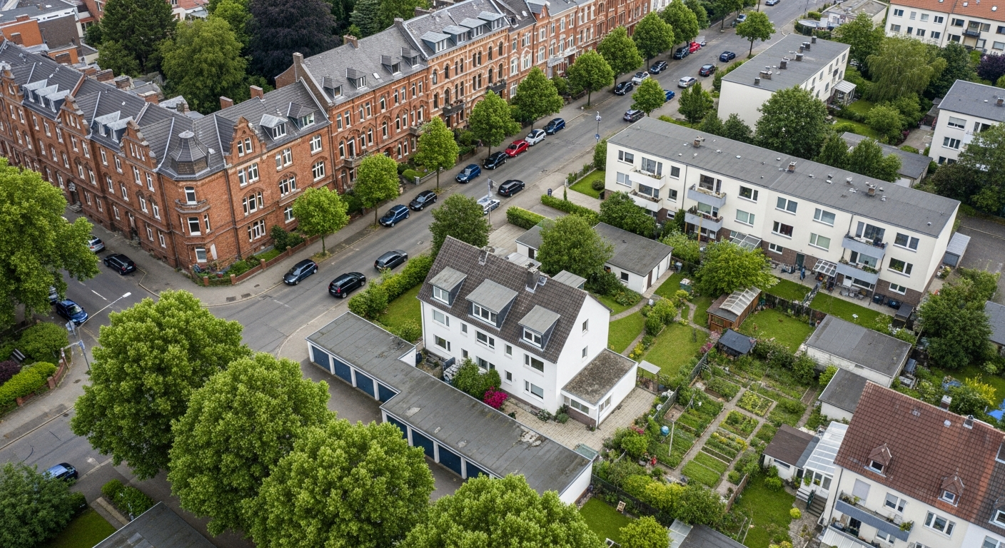 Luftbild eines typischen Wohnviertels im Ruhrgebiet mit verschiedenen Gebäudetypen