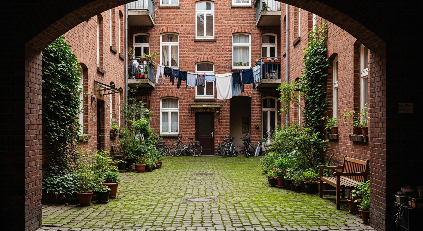 Gemütlicher Hinterhof im Ruhrgebiet mit Kopfsteinpflaster und Blumentöpfen
