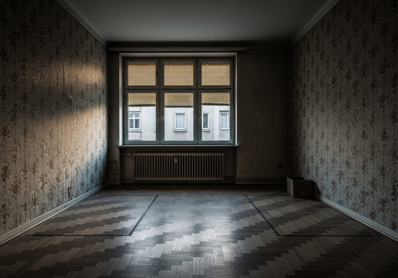 Leere Altbauwohnung mit Staubmarkierungen auf dem Parkett – das Problem des Leerstands