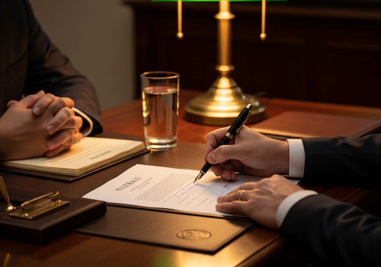 Notarvertrag wird unterschrieben – elegante Hände am Schreibtisch mit Bankerlampe